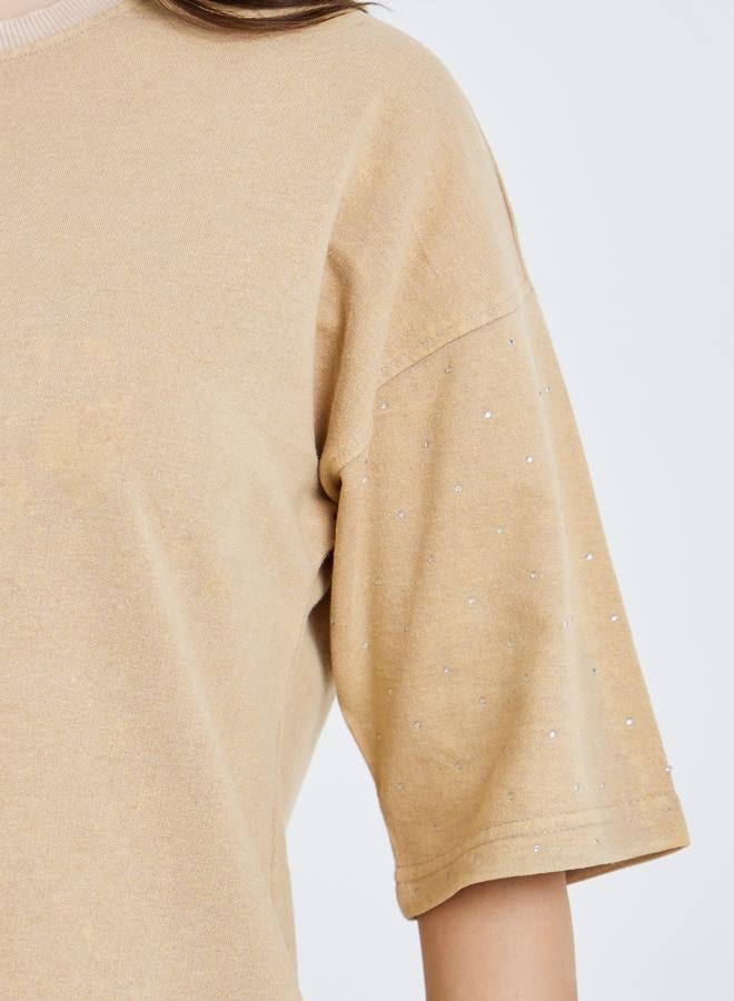 Styli Women Washed Studded Sleeve 100% Cotton T-Shirt - Image 3